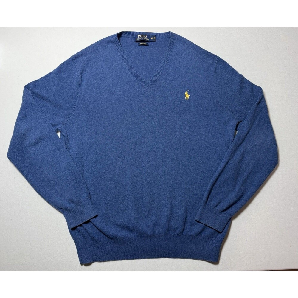 Polo Ralph Lauren Sweater Men's Blue 100% Pima Cotton V Neck Pullover Size M